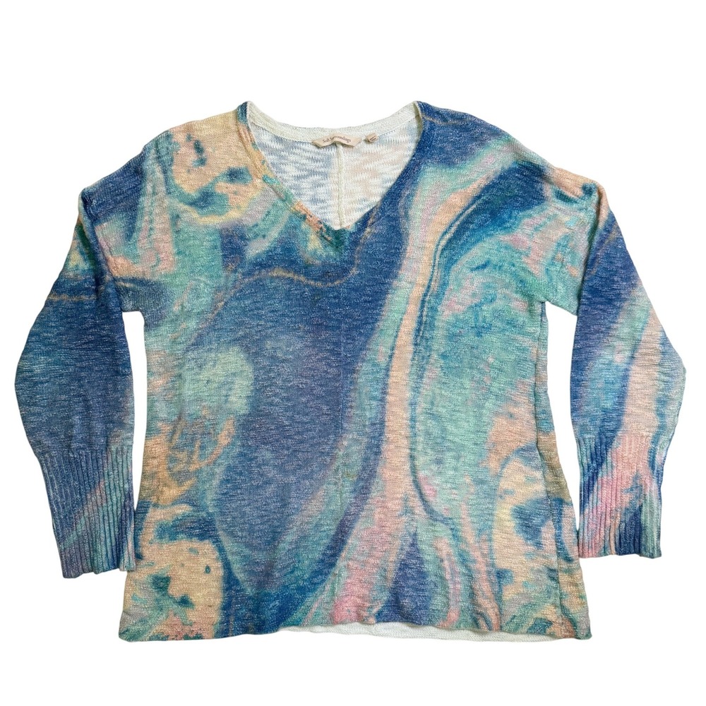 Soft Surroundings Tallie Blue Pink Marbled Artsy Knit 100% Cotton V-Neck Sweater